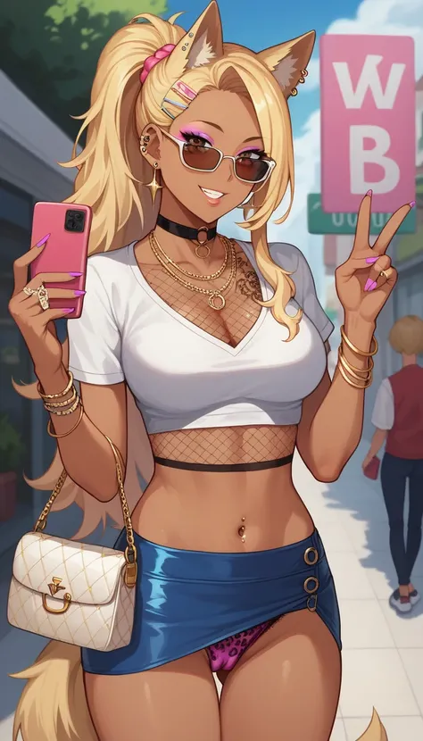 score_9,  score_8_up, score_7_up, wolf ears, wolf tail, wolf girl, 1girl, solo, dark-skinned female, blonde hair, dark skin, phone, jewelry, sunglasses, earrings,  ponytail, crop top, handbag, very long hair, hair ornament, midriff, choker, makeup, bracele...