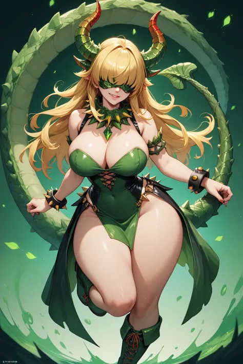 A tall model girl , thick thighs and somewhat large breasts with golden yellow hair,  with a fringe that covers her eyes , a barbed collar around the neck ,  long black leather barbed bracelets ,  big green boots with red details ,  short sleeveless green ...