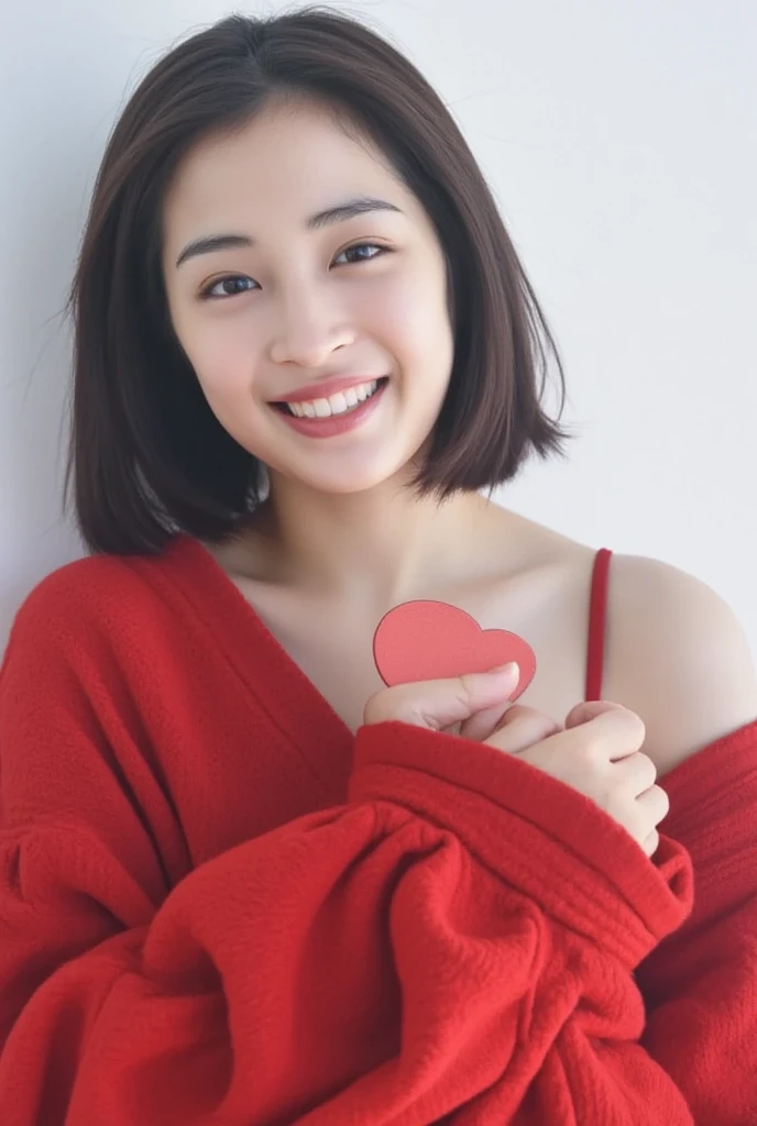  only one woman with a cute smile is cute,  fluffy off-shoulder pajamas,  make a big heart with both hands , Hold it in front of your chest , View above the collarbone、  has a monotone background  

