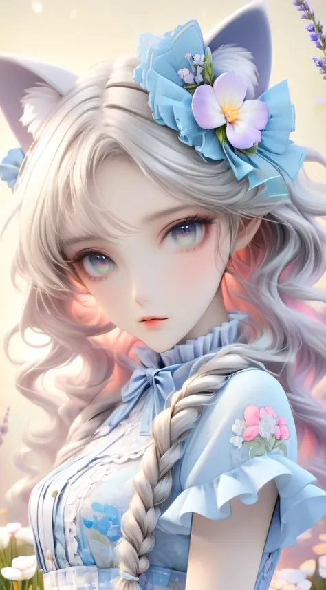 1 cute girl with cat ear and cat tail, ligne claire, contour deepening beautiful detailed glow, by famous artist,  head tilt, long white hair, curly hair, Air bangs, Grey hair, beautiful detailed hair, Beautiful face, ^ ^, lovely big eyes, flat chest, zett...