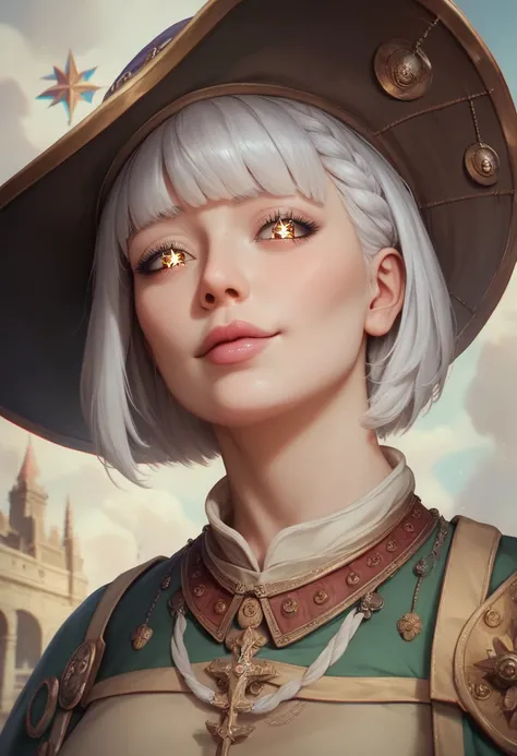 (masterpiece), (work of art), (amazing work), (detailed eyes), (delicate skin), (heterochromatic eyes), (multicolored), (short white hair with bangs), (sparkling eyes), (1girl) with witchs hat, ancient, old, wearing extravagant medieval clothes, masterpiec...