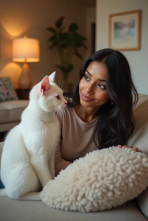 Photo dun salon douillet avec un chat blanc denviron 7mois, très fin, femme indienne aux cheveux longs, yeux marrons 