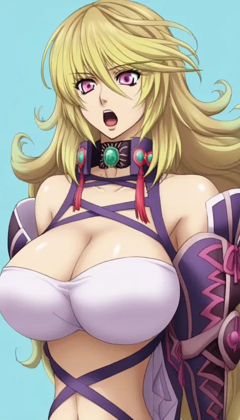 masterpiece,top-quality,source_anime,best quality, clear face,Milla Maxwell,tales of Xillia,1girl,solo,blonde hair, long hair,pink eyes,very large breasts,perfect body,beauty,very huge breasts,narrow waist,bust size is 200cm over,sexy,soaked,seductive anim...