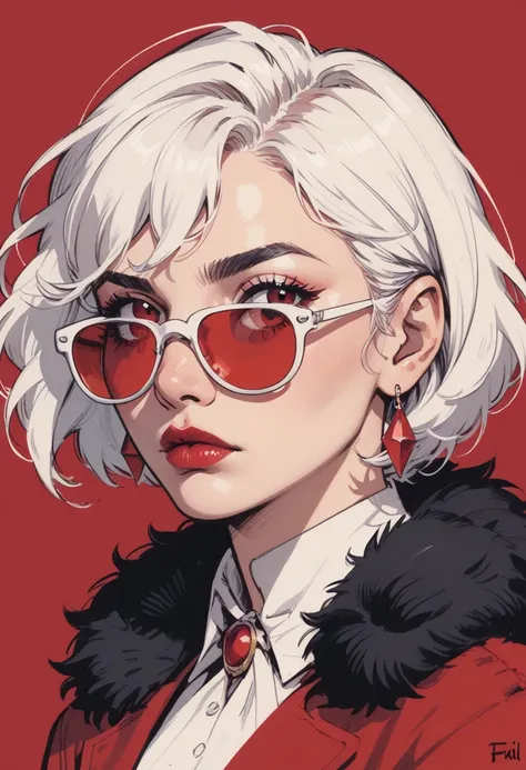 1girl, solo, jewelry, earrings, , sunglasses, tinted eyewear, portrait, red-tinted eyewear, , fur trim, white-framed eyewear, red , feathers, looking at viewer, simple background, parted , makeup, white hair, nose, glasses, short hair, zPDXL3, detailxl,  S...