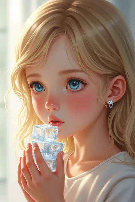 Create a girl, very realistic, blonde with blue eyes, eating ice cubes. 