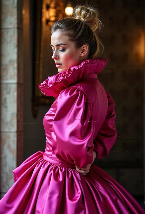 (realistic photograph close up sideways cheerful), (a busty slender pleased beautiful European orgasm looking lady with (messy hair bun), she is wearing (an elaborate extensive shiny fuchsia satin gown with (long gigantic puff sleeves), (and a narrow very ...