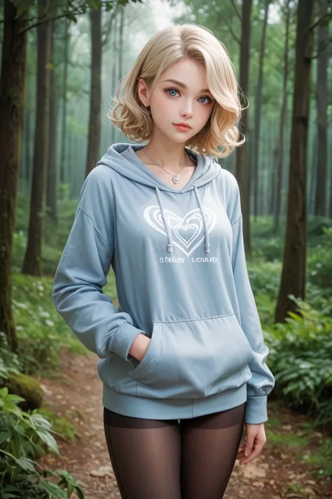 high production value modern fantasy-style candid picture of a young woman in her 30s with fair skin, very light make-up, soft face, layered shoulder-length medium blonde hair, blue-grey eyes, wearing a modern light blue hoodie, leggings, and small heart-s...