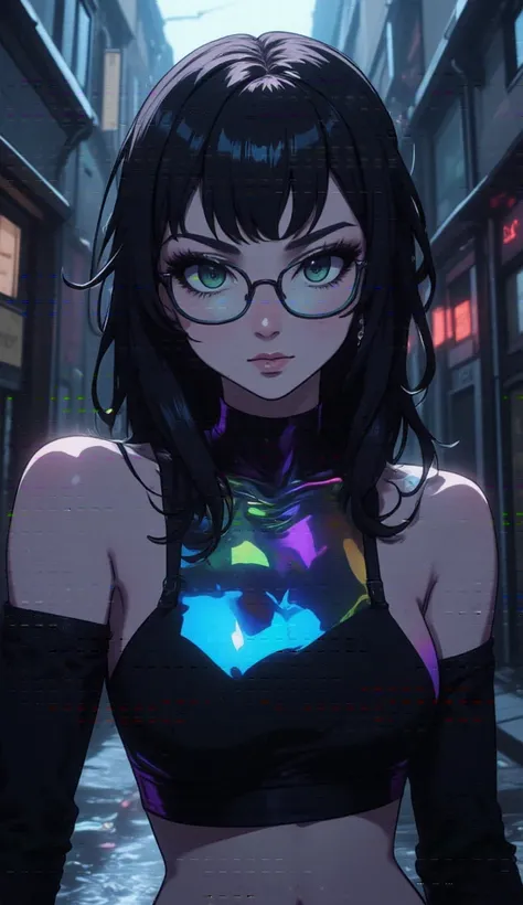 anime art style, 8k, masterpiece, cinematic, (Portrait), petite girl, mature, green eyes, long messy hair, pale skin, lean tall body, (sexy mock-neck top, reflective rainbow shiny color, glasses), dark alleyway, side ways photo, evil smiling, bust photo