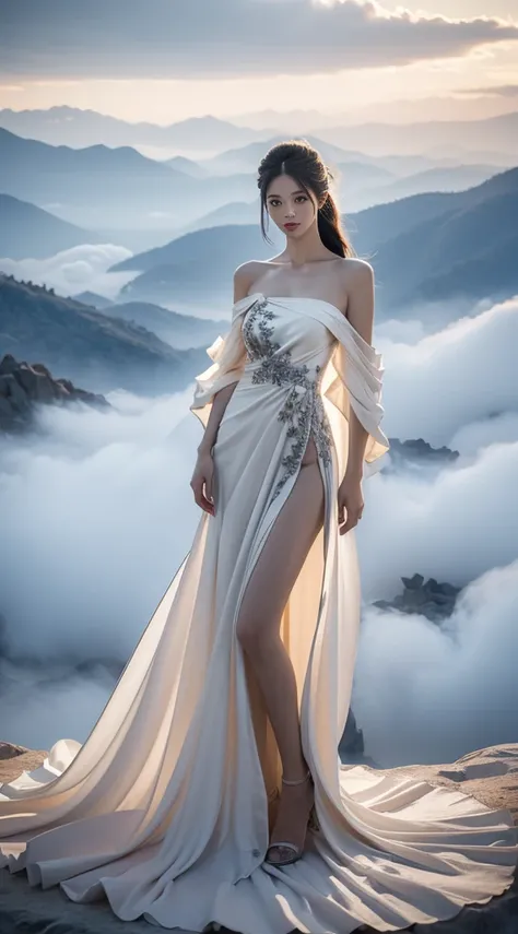 elaborate Hanfu, ((cowboy shot)), ((Bare shoulder)), ((Short hemlines, sexy long legs)), realistic detailed photo of a giant breasted girl with exposed shoulders, detailed fingers, high quality skin, red eyes, alone in a winter scene with clouds, wind, and...