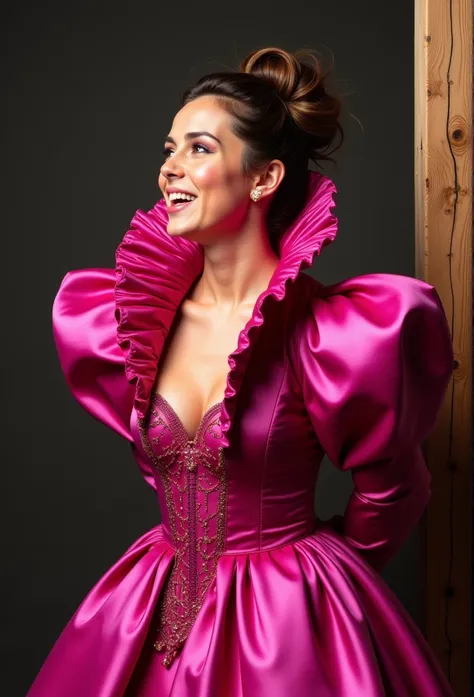 (realistic photograph close up sideways cheerful), (a pleased beautiful European orgasm looking lady with (messy hair bun), (she has a perfect figure), she is wearing (an elaborate extensive shiny fuchsia satin gown with (long gigantic puff sleeves), (and ...