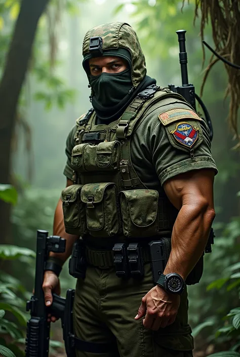  military man in Trigeño military suit , strong , wearing jungle suit 