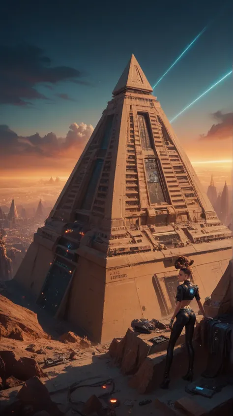 Aliens in a sci-fi scene, with a pyramid in the background and bright lights descending from the sky. The setting is futuristic and mysterious, with an extraterrestrial aura.