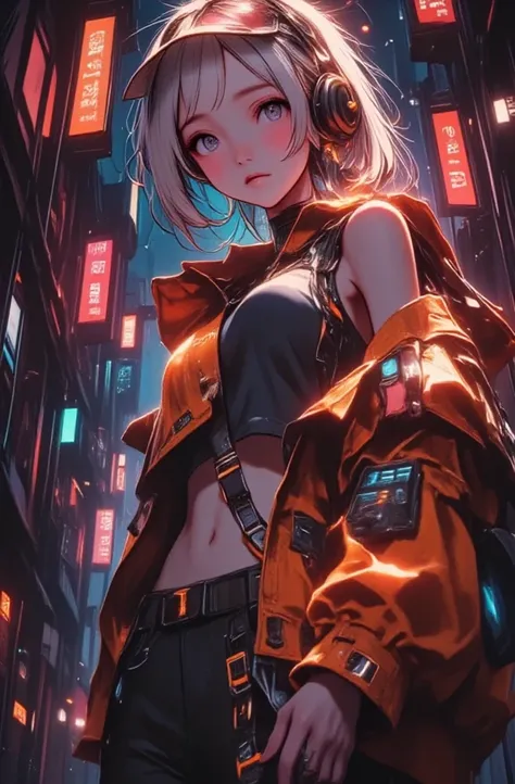    occupies the entire body    ,      a woman wearing a jacket and wide black pants with a hat with visor black sneakers with orange stripes,    long straps on the jacket and pants Cyberpunk art by Russell Dongjun Lu   , Trend in CG  Society, arte digital,...