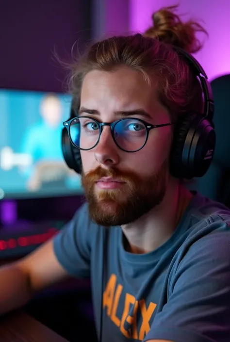 Create an image of a young player in a gamer room, aged 26 years old, wearing round prescription glasses, a full medium beard, dark blond hair with a topknot back, and a t-shirt with ALEETX written on it