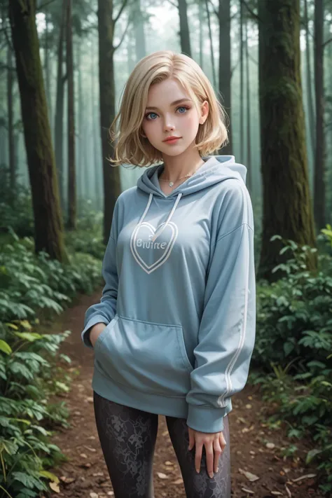 high production value modern fantasy-style candid picture of a young woman in her 30s with fair skin, very light make-up, soft face, layered shoulder-length medium blonde hair, blue-grey eyes, wearing a modern light blue hoodie, leggings, and small heart-s...