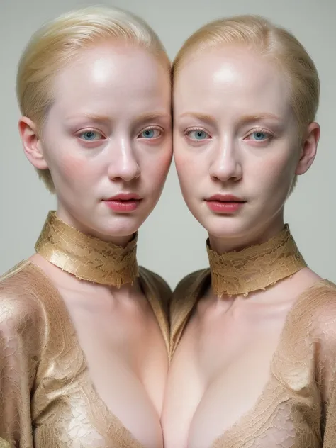 two albino beautiful girls with a slight blush and a slight smile, orgasmic expression, short shaved hair, wearing a revealing gold tight kimono lace with a large medicis collar, her breasts are massive, 2 girls, highly detailed portrait, yeux qui brillent...