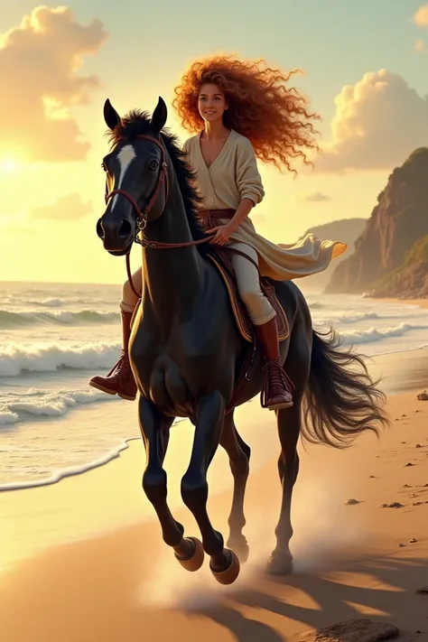 Create a curly haired one with a light brown redhead riding a black horse on the beach