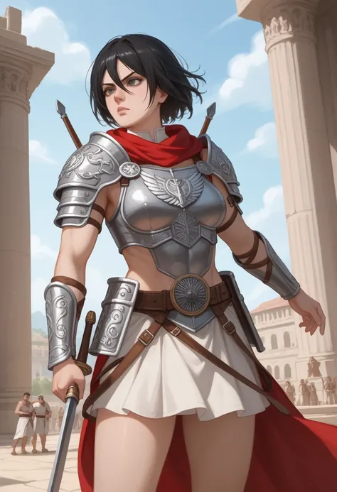 A fierce woman with short black hair and sharp, determined eyes, wearing a Roman gladiators armor. The polished bronze armor is intricately designed, fitting her body perfectly. She stands confidently in the heart of a Roman battlefield, with both hands pl...