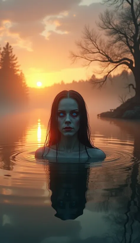 "A tranquil lake shrouded in a soft golden mist during sunset, with the sky painted in hues of orange and purple reflecting on the water. In the middle of the lake, a head emerges from the surface: a ghostly figure with pale skin and wet dark hair, its pie...