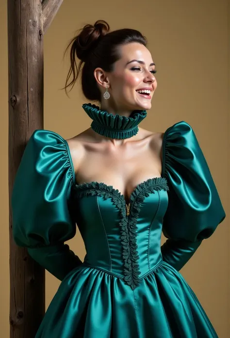 (realistic photograph close up sideways cheerful), (a pleased beautiful European orgasm looking lady with (messy hair bun), (she has a perfect busty figure), (she is wearing (an elaborate extensive shiny teal satin gown with (long gigantic puff sleeves), (...