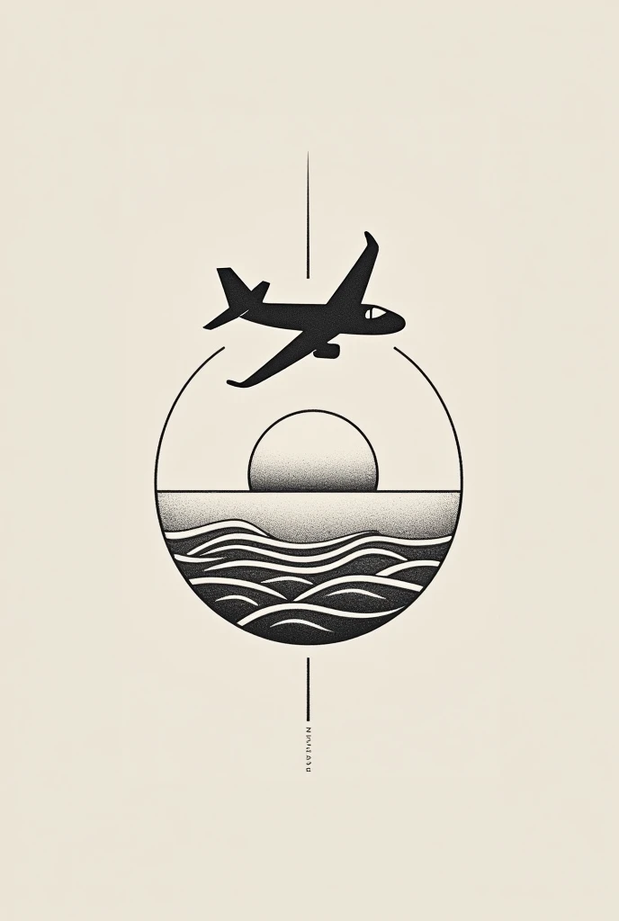  tattoo design that represents planes the sea and the sunset, Make it black and minimalist  