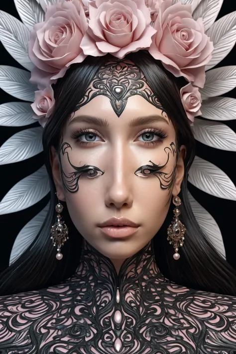 a woman with a rosa claro e preto pattern on her face, stunning digital art, complicated digital art, 3 d digital art, 3d digital art, complicated digital artwork, Advanced 3D digital art, amazing detailed digital art, digital complicated art, Detailed 3D ...