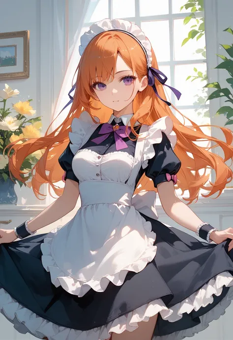 masterpiece,  top quality,  1 girl, purple eyes,  orange hair,Maid headdress, Maid,