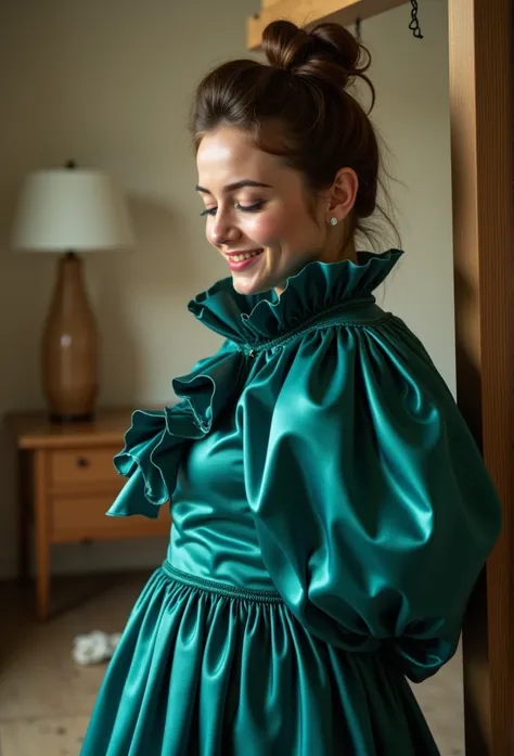 (realistic photograph close up sideways cheerful), (a pleased beautiful European orgasm looking lady with (messy hair bun)), (she is wearing (an elaborate extensive shiny teal satin gown with (long gigantic puff sleeves), (and a narrow very high reaching u...