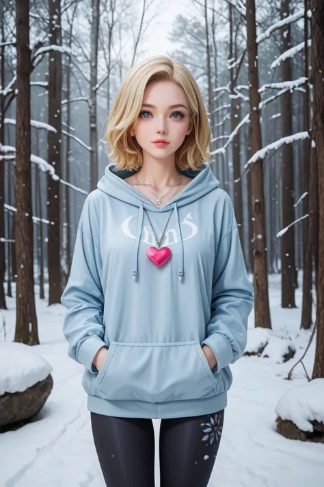 high production value modern fantasy-style candid picture of a young woman in her 30s with fair skin, very light make-up, soft face, layered shoulder-length medium blonde hair, blue-grey eyes, wearing a modern light blue hoodie, leggings, and small heart-s...