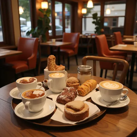 I want photos of a coffee shop ,  where you dont see many people and there are pastries and coffee,  you can see armchairs and tables in the background ,  it is focused on coffee and food 