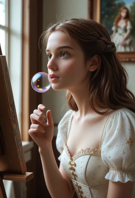 a painting of a woman in a dress blowing bubbles, loish and wlop, ethereal bubbles, moebius + loish + wlop, dreamy and detailed, intricate wlop, closeup fantasy with water magic, fairytale artwork, fairytale painting, in style of anna dittmann, wlop art, r...