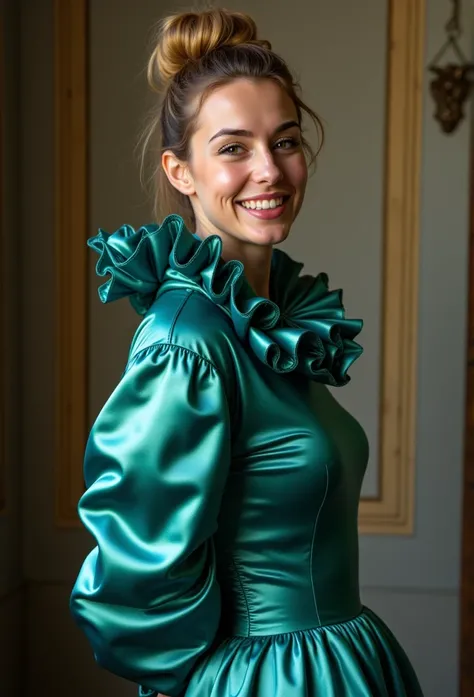 (realistic photograph close up sideways cheerful), (a pleased beautiful European orgasm looking lady with (messy hair bun)), (she is wearing (an elaborate shiny teal satin gown with (long gigantic puff sleeves), (and a narrow very high reaching up to her c...