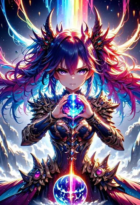 the holy sword Durandal, shatters the transparent crystal ball, erupting rainbow cosmic rays and sending the galaxy hurtling towards destruction, beautiful demon queen, cool and sadistic, amorous and lewd face, looking down with a cold gaze, background gal...