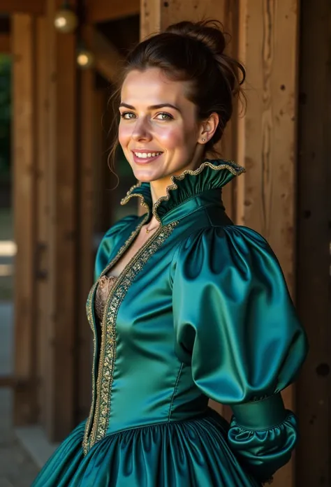 (realistic photograph close up sideways cheerful), (a pleased beautiful European orgasm looking lady with (messy hair bun)), (she is wearing (a historical elaborate shiny teal satin gown with (long gigantic puff sleeves), (and a narrow very high reaching u...