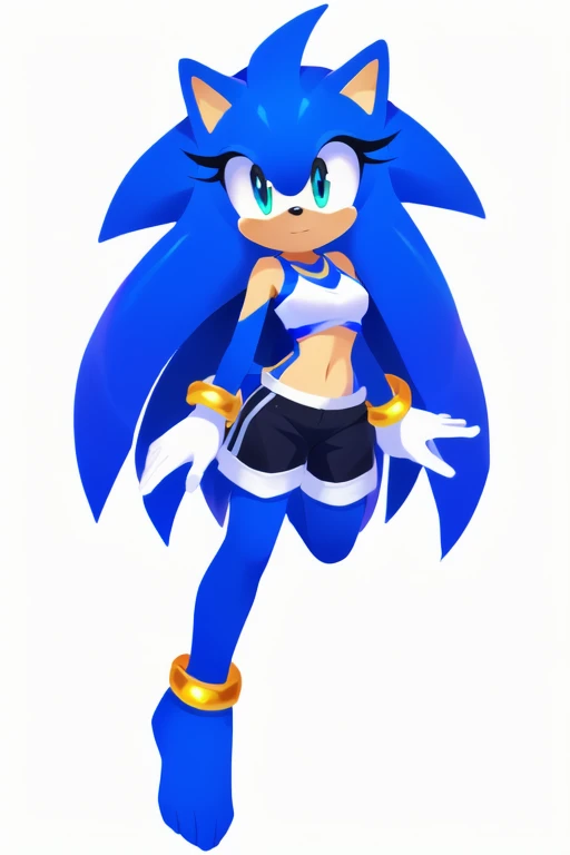 Sonic oc, Mobian, female, Soul hedgehog, A beautiful White hedgehog,  blue eyes, very long hair/quills  a few long hair bangs,  smooth fur, a graceful hourglass body, white top, black shorts, ankle bracelet on both legs, markings on hands

