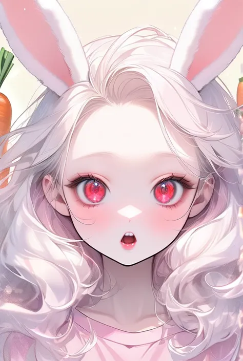 Girl, white hair, albino, beautiful, pastel pink shirt, pastel colors, lipgloss, brat, wide mouth, ethereal, submissive, white bunny ears, cute, fluffy ears, sweet, bunny teeth, red eyes, portrait, looking at the viewer, carrots in the background, fluffy h...