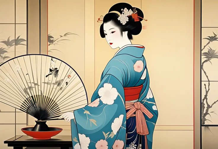  Carafe in a kimono standing in front of a fan,  painting inspired by Uemura Shoen,  Shutterstock, Ukiyo-e,  伝統的なgeisha服 ,  Japanese  , 日本のgeisha, プリマバレリーナgeisha, Japanese traditional clothing,  Japanese Kimono, 複雑なgeishaの着物, geisha, Wore a royal kimono