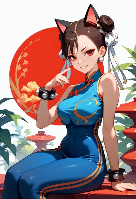 Chun-Li&#39;s face, cat ears, red Chinese clothing, sitting and smiling, anime style  