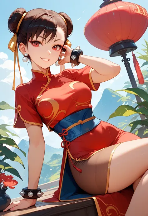 Chun-Li&#39;s face, cat ears, red Chinese clothing, sitting and smiling, anime style  