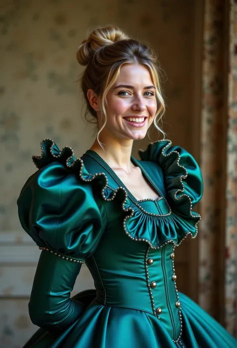 (realistic photograph close up sideways cheerful), (a pleased beautiful European orgasm looking lady with (messy hair bun)), (she is wearing (a historical elaborate shiny teal satin gown with (long gigantic puff sleeves), (and a narrow very high reaching u...