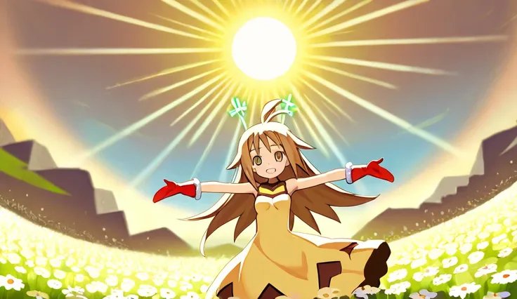 1 girl, Fusionist  ( Phantom Brave ),   brown hair, light  brown hair,  light brown eyes, Googles, Antennas,  twin fringes ,  Christmas gloves ,  long hair,  small breasts , happy smile,  dancing in a field of flowers, sun, sun rays,  open arms,  light yel...