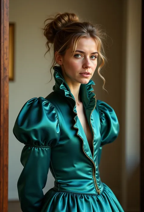 (realistic photograph close up sideways cheerful), (a pleased beautiful European orgasm looking lady with (messy hair bun)), (she is wearing (a historical elaborate shiny teal satin gown with (long gigantic puff sleeves), (and a narrow very high reaching u...