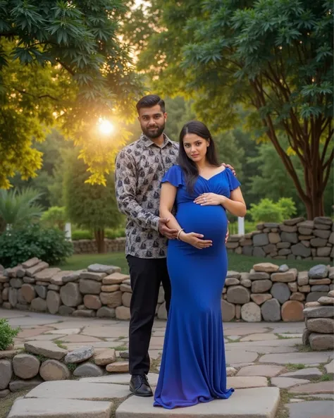 pregnant woman in blue dress standing on stone steps in park, a portrait by Bernardino Mei, instagram, art photography, long blue dress, full body portrait shot, full body pose, full body photogenic shot, in blue dress, stunning elegant pose, light blue dr...