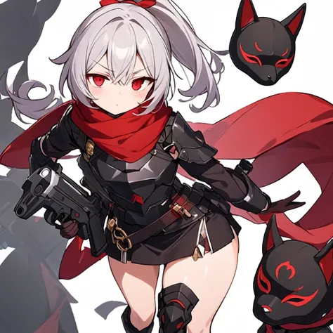  top quality, cool, sexy,Slanted Eyes,Gray Hair, ponytail, red eyes,black dog mask , black armor, red scarf, black cloaks, short skirt,Handgun