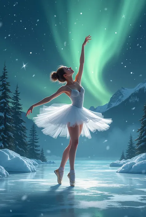 СТИЛЬ рекламного палаката-постера,пин-ап искуство, (pin-up poster  ( pin-up poster art ),  ice ballet advertisement , ): fragile elegant ballerina подпрыгивает кружится и  dances on pointe shoes ,  ballet on the ice of a frozen lake  ,in Norway ,  in the l...