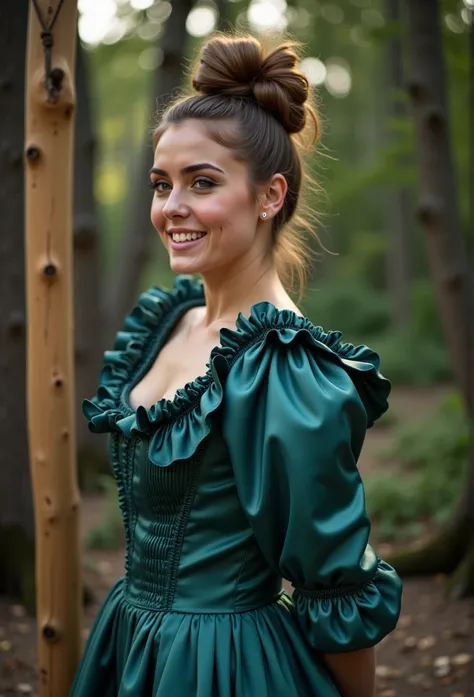 (realistic photograph close up sideways cheerful), (a pleased beautiful European orgasm looking lady with (messy hair bun)), (she is wearing (a historical elaborate shiny teal satin gown with (long gigantic puff sleeves), (and a narrow (very high reaching ...