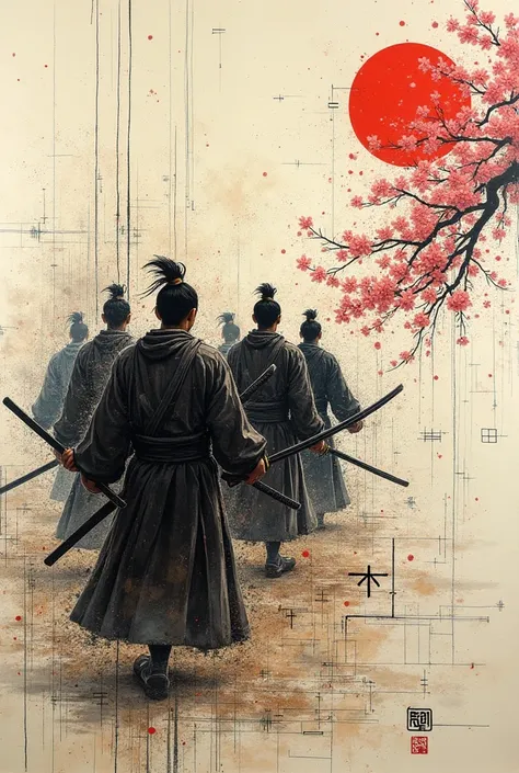 A detailed and chaotic rough sketch on a canvas representing the fleeting moment before the fateful vendetta, with the theme of Chūshingura and its timeless tale of loyalty, honor, and revenge. The sketch features intricate and fragmented lines, abstract s...