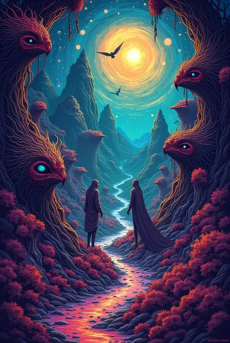 vector illustration design, t-shirt design, colourfull, occult mystic nightmare dreamfull cosmic fantasy heaven, with curious style and mindblowing ideas, extreme sharp details, maximum intricately