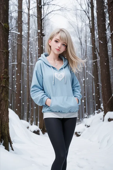 high production value modern fantasy-style candid picture of a young woman in her 30s with fair skin, very light make-up, soft face, short layered medium blonde hair, blue-grey eyes, wearing a modern light blue hoodie, leggings, and small heart-shaped silv...