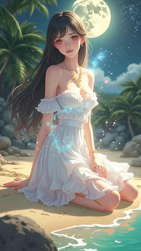 (masterpiece、Highest quality、8k、High resolution)、One female、(Beautiful Face、Beautiful Face)、Beautiful eyes、Beautiful lips、Beautiful nose、Brown-black hair、(The best girl in anime)、Sandy beach with a view of the forest、A bright night with stars visible、full ...